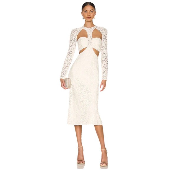 Bardot Dresses & Skirts - Bardot Cut Out Lace Dress Women 8 Oyster Long Sleeve Midi Cocktail